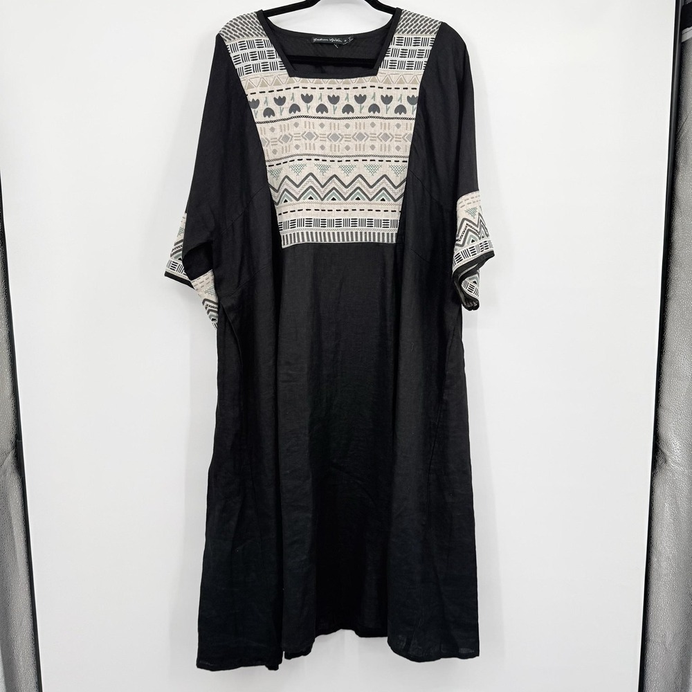 Gudrun Sjoden Dress Womens XL Black Linen Kaftan Trapeze Embroidered Casual